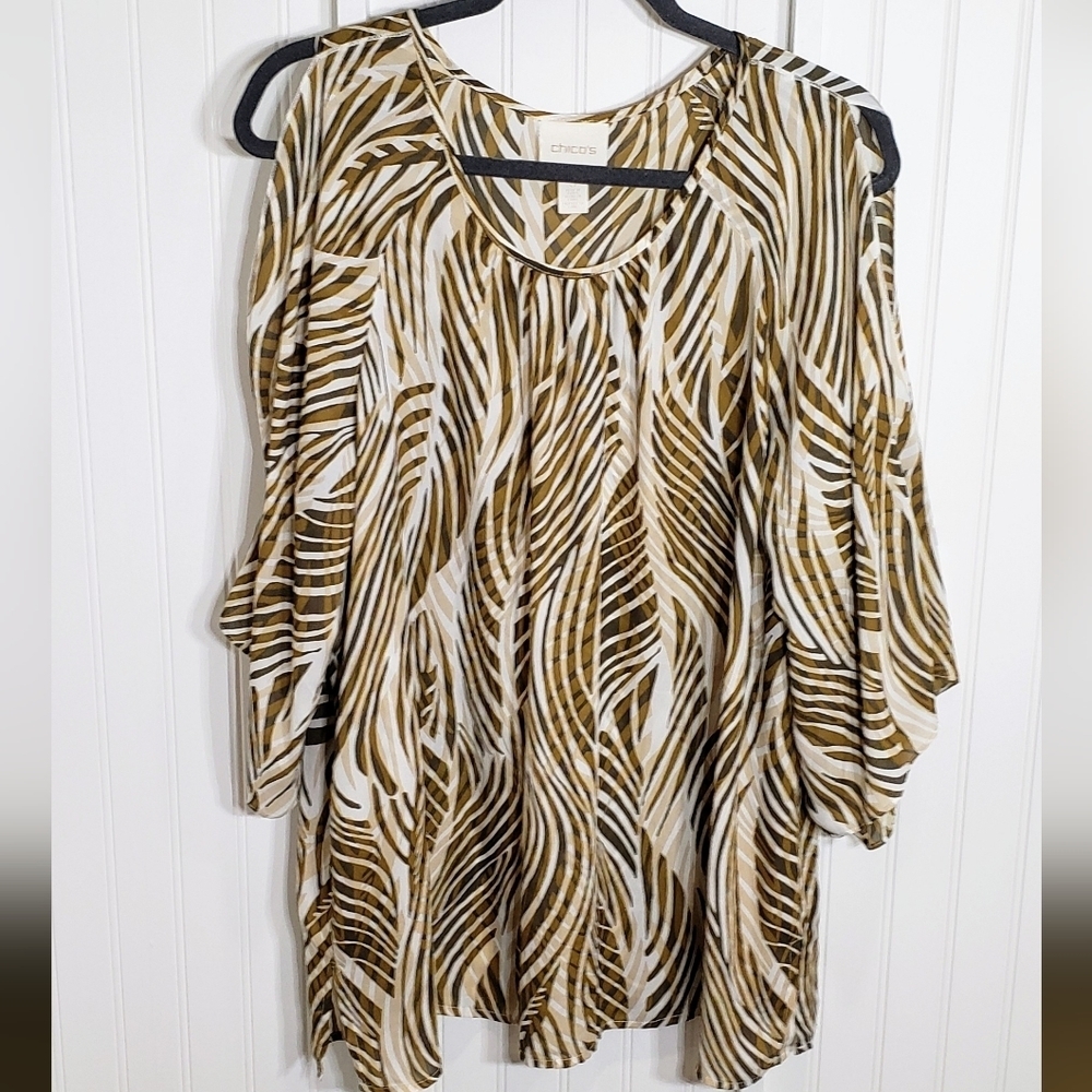 Chico's Animal Print Hi Lo Tunic White Brown Cream Cold Shoulder Size 3